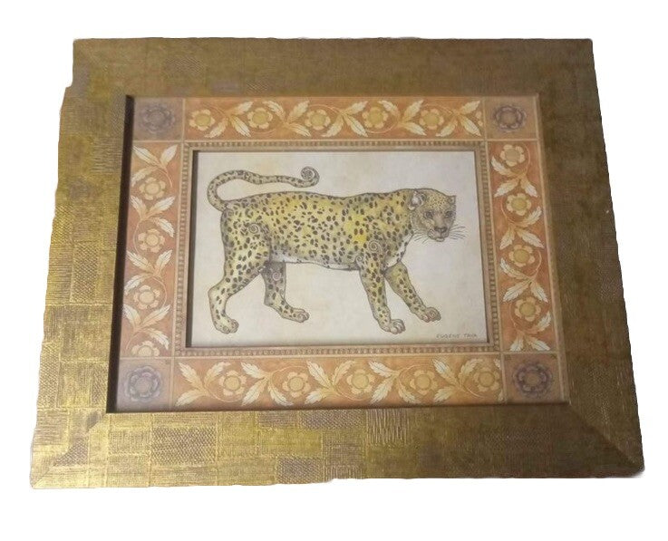 Framed Jaguar Art Print – Heavy Gold Frame with Patterned Mat Wall Decor