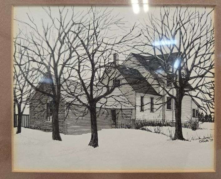 Winter House Landscape Pen Drawing – Framed Seasonal Scene Print