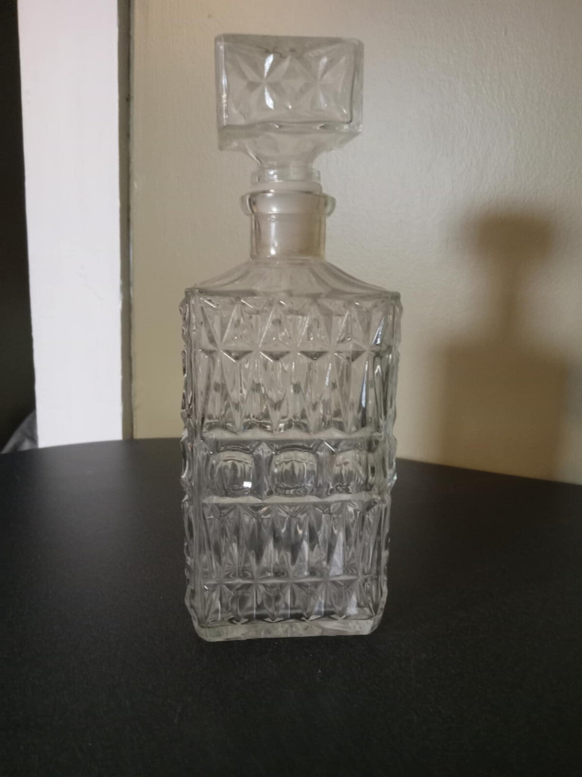 Square Decorative Pressed Glass Liquor Decanter – Heavy Vintage Bottle