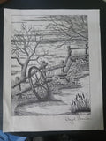 Lloyd G. Nowlan Unframed Print – Western Wagon Wheel Hand-Drawn Black and White