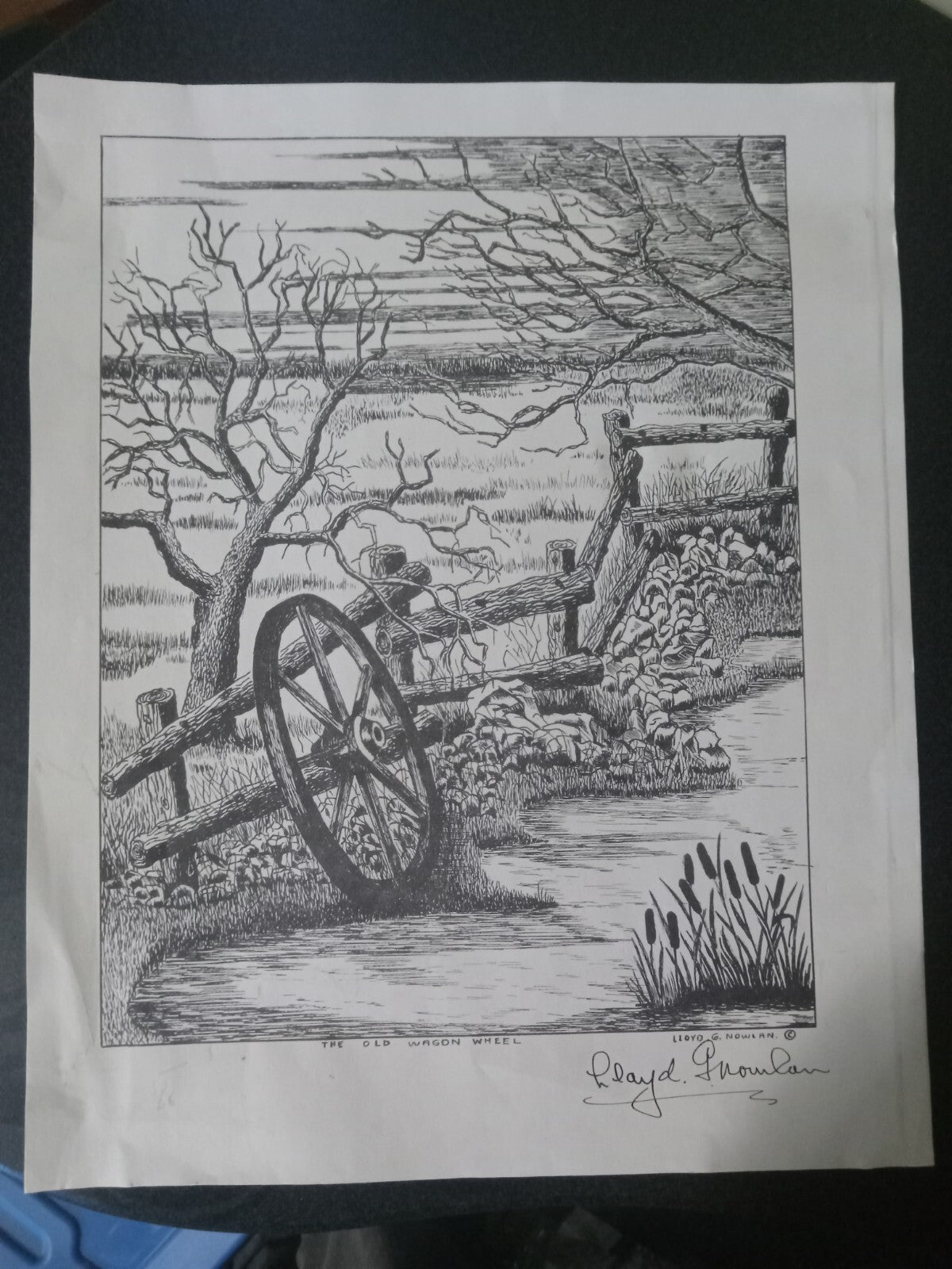 Lloyd G. Nowlan Unframed Print – Western Wagon Wheel Hand-Drawn Black and White