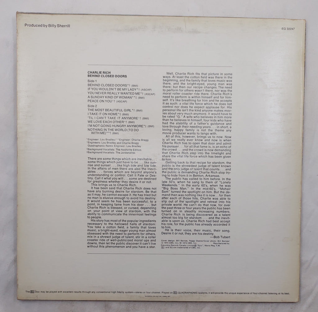Charlie Rich – Behind Closed Doors LP Quadraphonic Epic EQ-32247