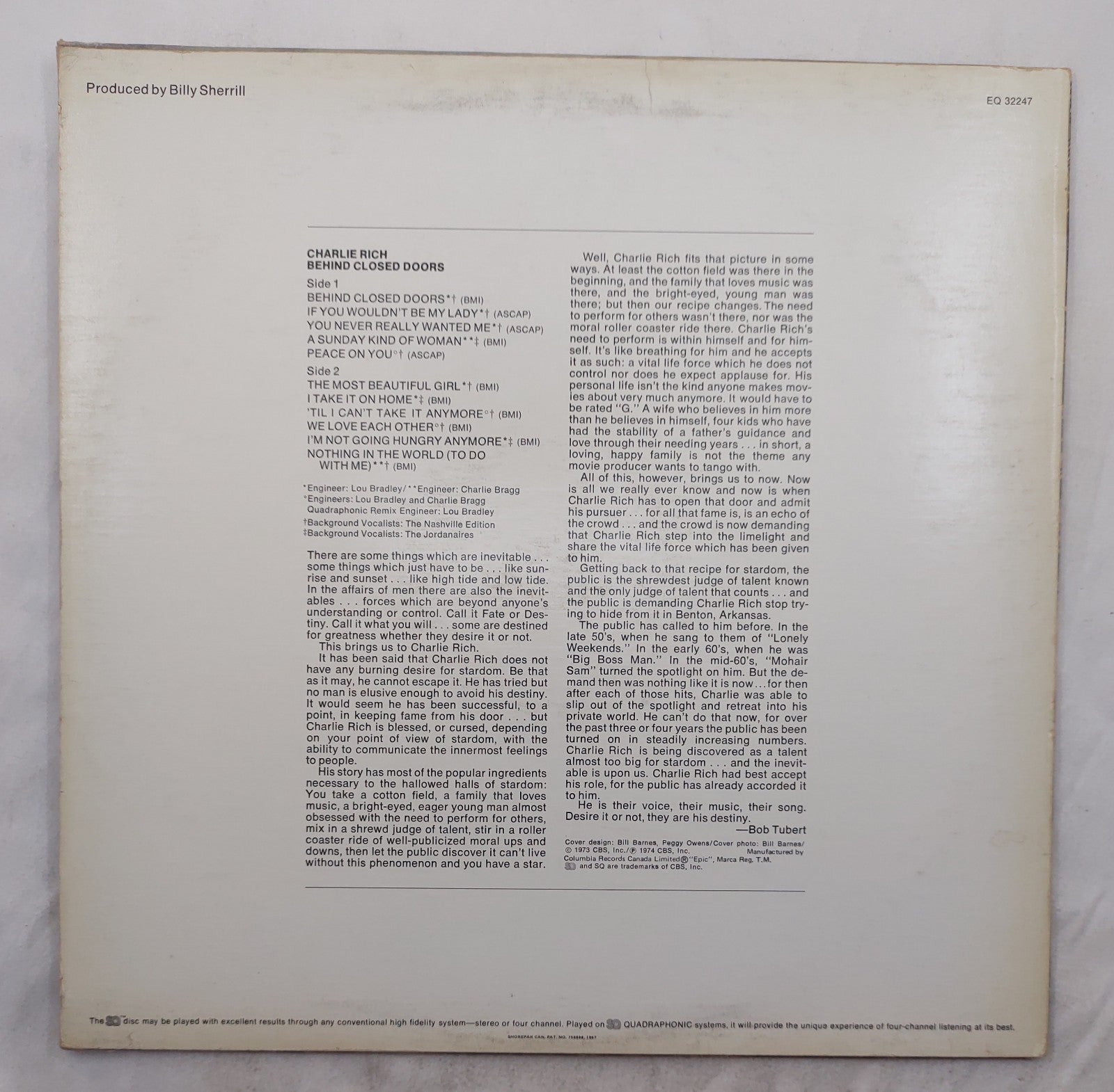 Charlie Rich – Behind Closed Doors LP Quadraphonic Epic EQ-32247