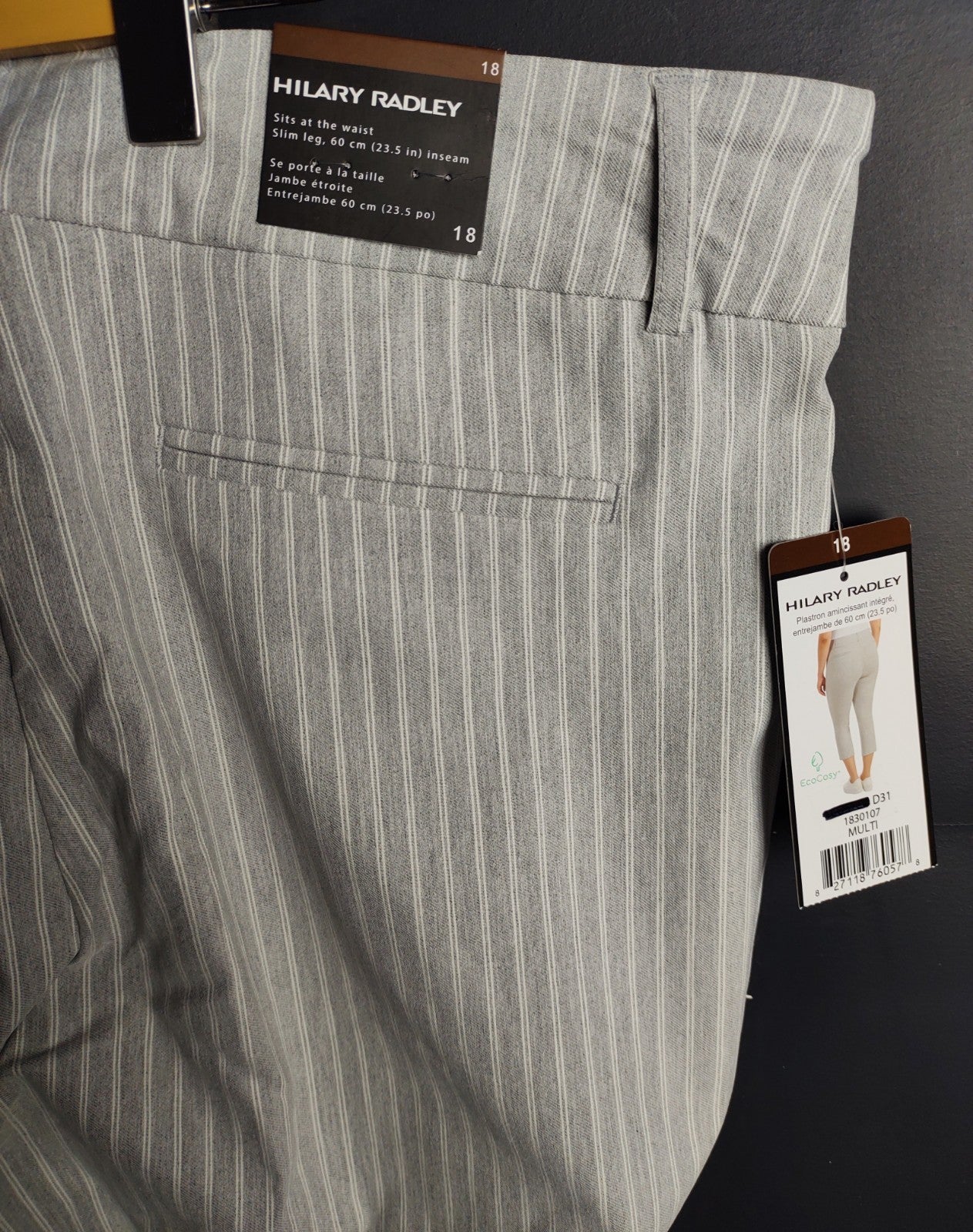 Hilary Radley Crop Pants Size 18 Grey White Stripe Stretch Comfort Waist NWT