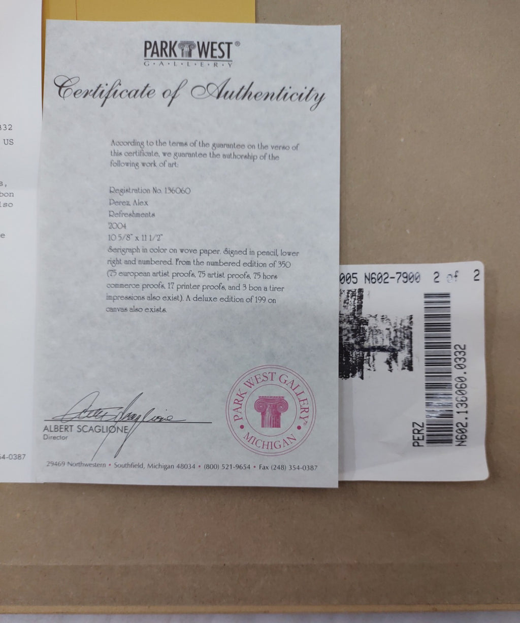 Alex Perez Refreshments Hand Signed Serigraph #17/350 Framed Art