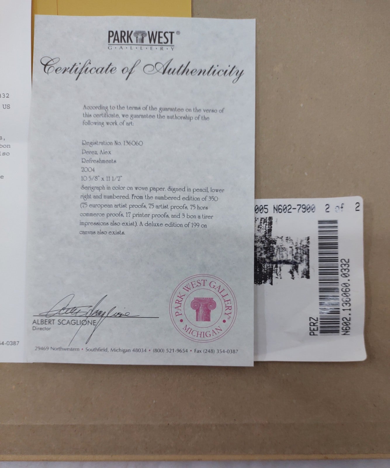 Alex Perez Refreshments Hand Signed Serigraph #17/350 Framed Art