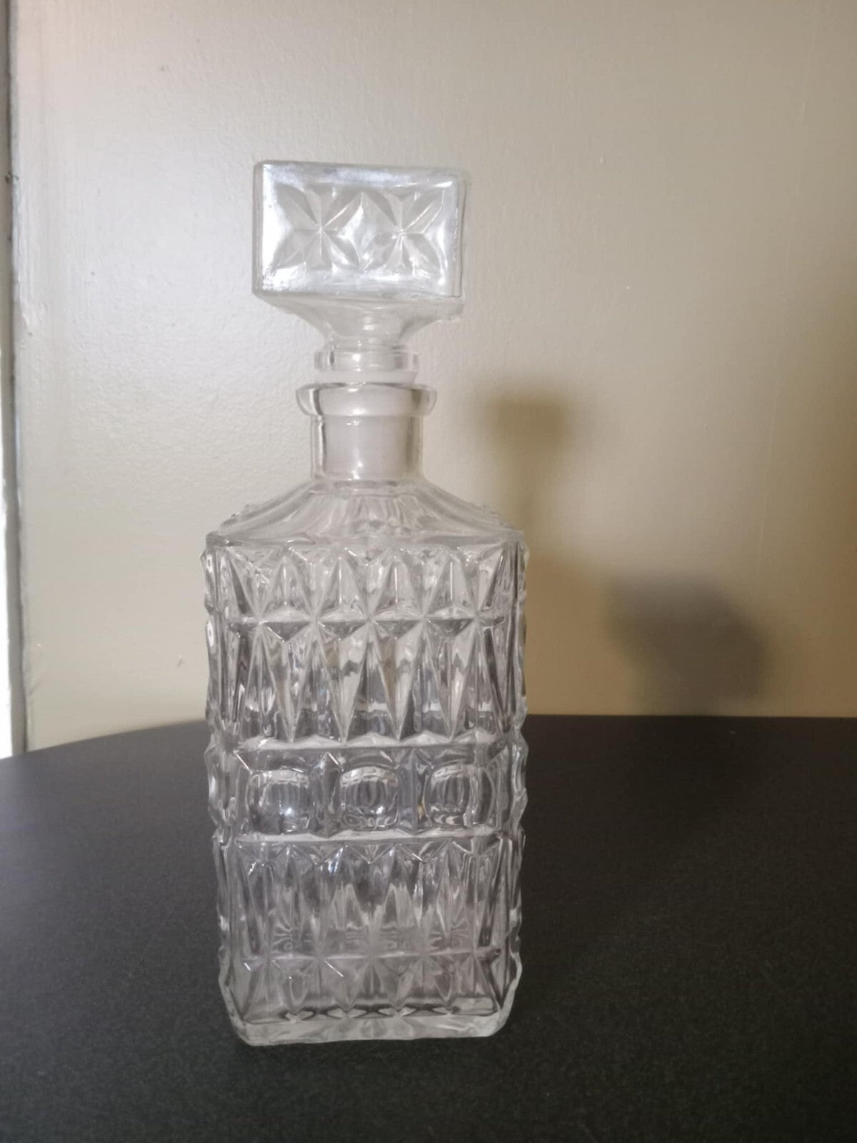 Square Decorative Pressed Glass Liquor Decanter – Heavy Vintage Bottle