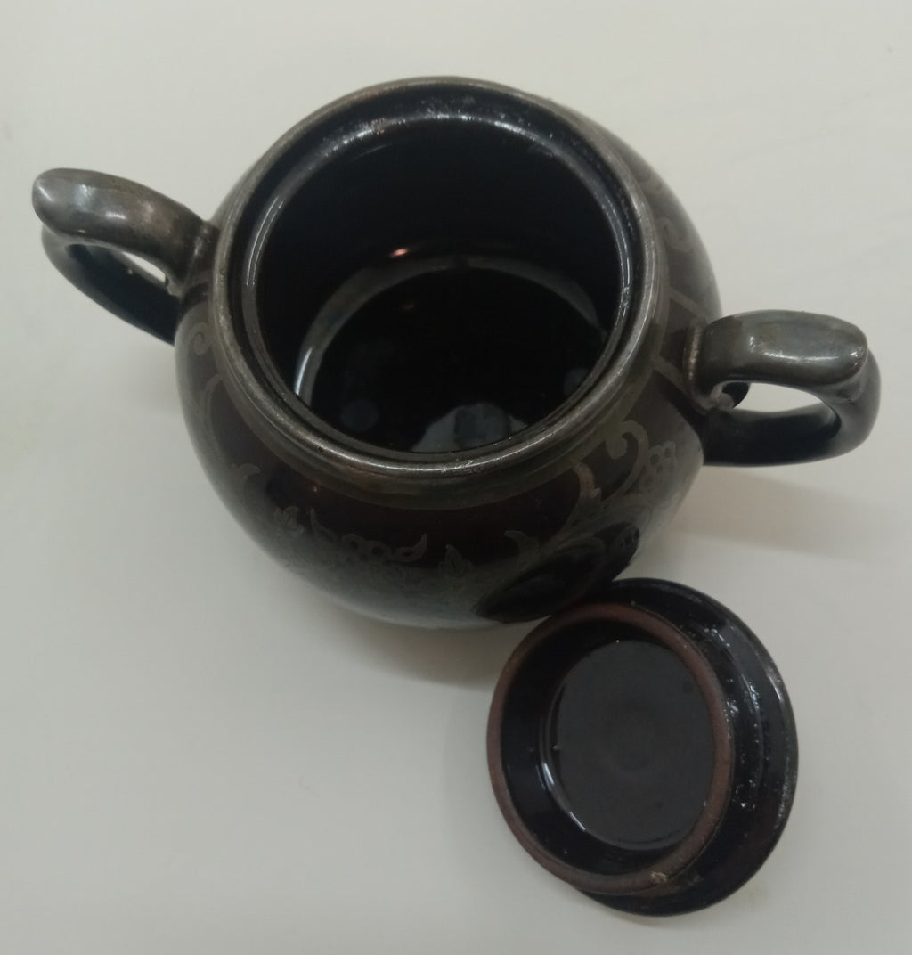 Gibson England Silver Overlay Redware Pottery Sugar Creamer Set Rustic Farm