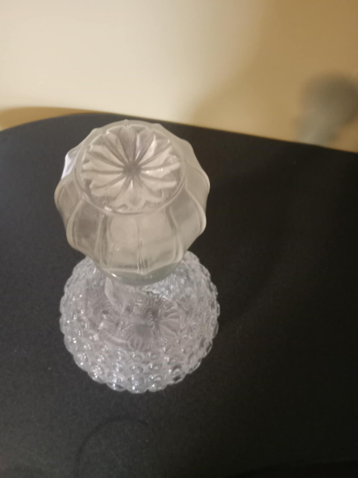 Round Decorative Pressed Glass Liquor Decanter – Heavy Vintage Bottle