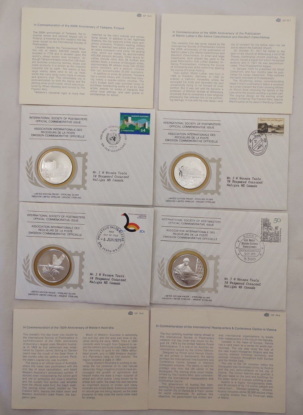 1979 Postmasters Sterling Silver Medallion First Day Covers Set of 4