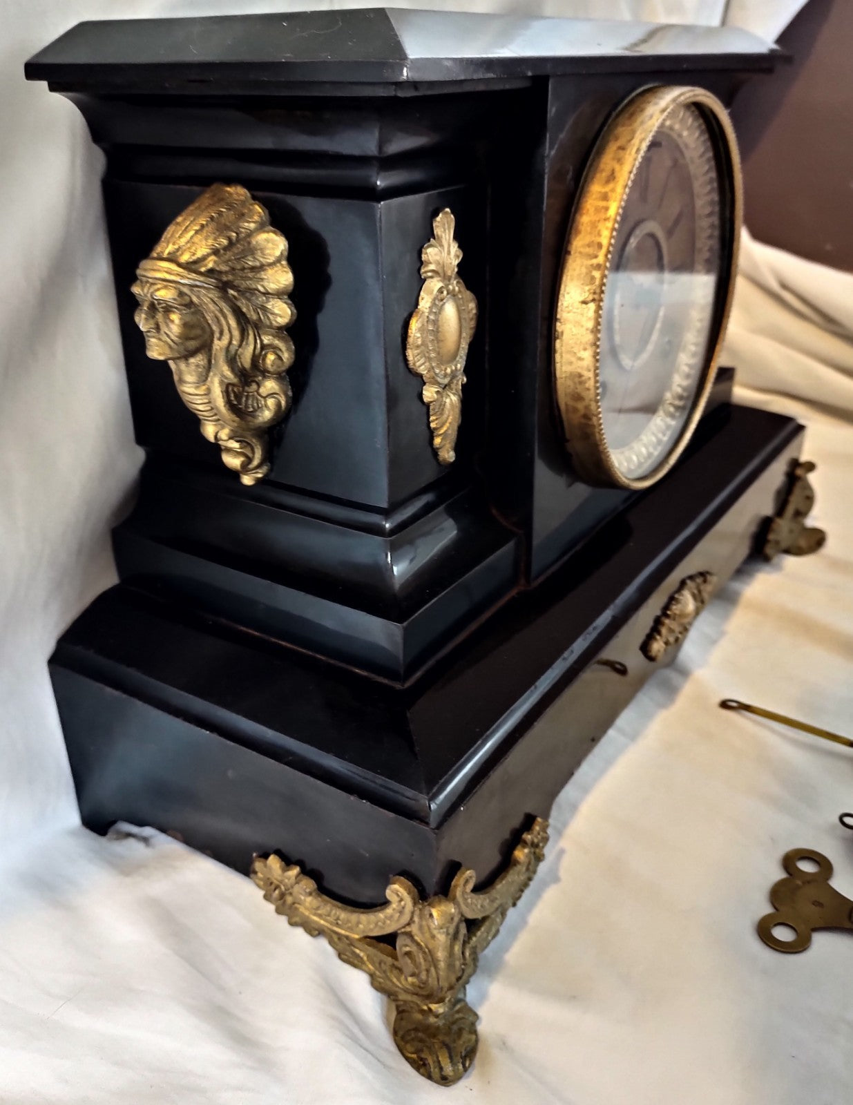 Antique 1886 Ansonia Cast Iron Figural Mantel Clock Empire Running Original