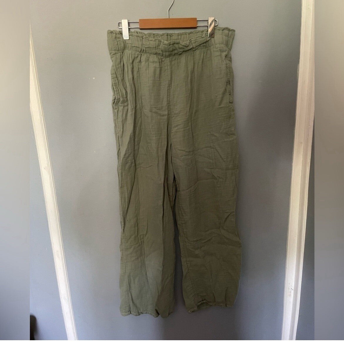 GAP Green Wide Leg Pants Lightweight Linen Blend Large Travel Resort Wear