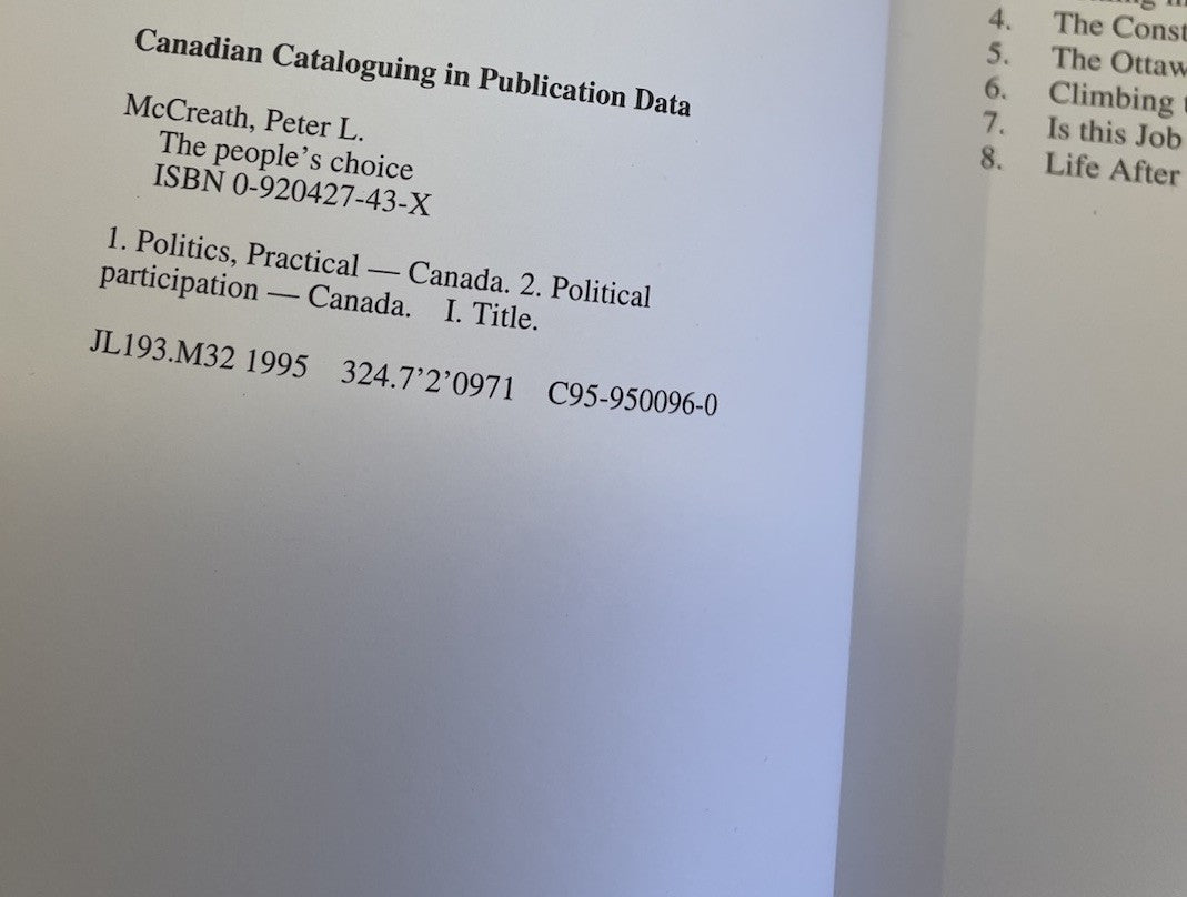 The People’s Choice Peter McCreath Memoir MP Politics Canada Hardcover 1995