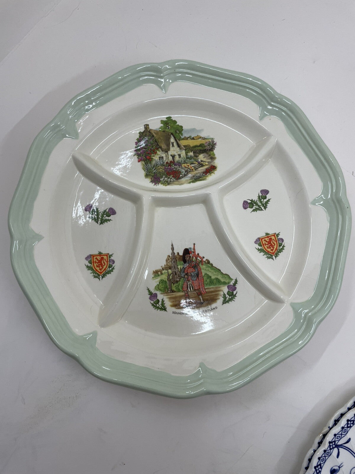 Vintage Ceramic Divided Plate Souvenir of Scotland Bagpiper Floral Art