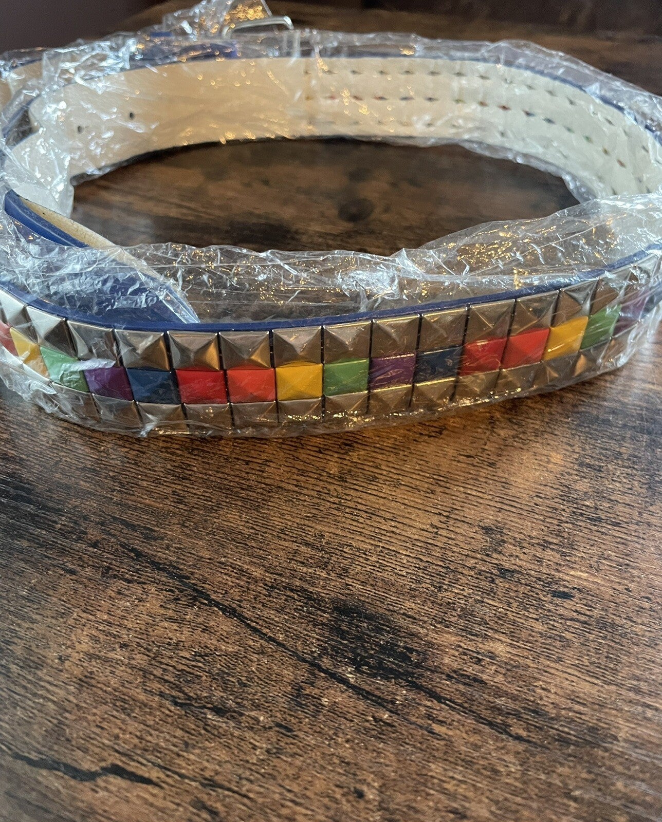 White Faux Leather Belt Rainbow Silver Studs Festival Rave Pride Adjustable Fit