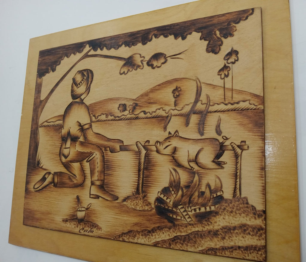 Folk Art Handmade Pig Roast Scene Wood Burned Plaque Kitchen Cabin Decor