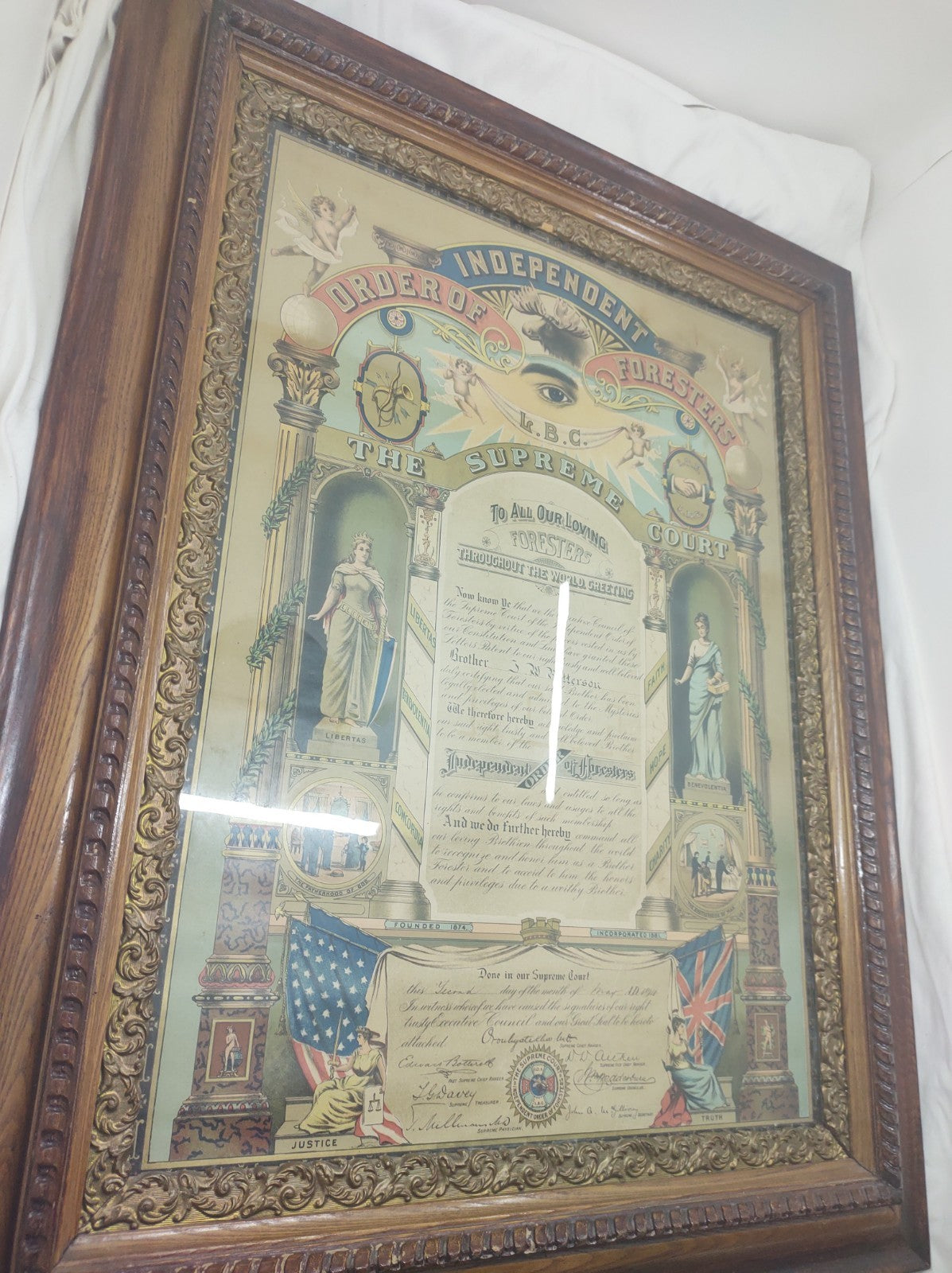 Vintage IOF Independent Order of Foresters Framed Membership Certificate