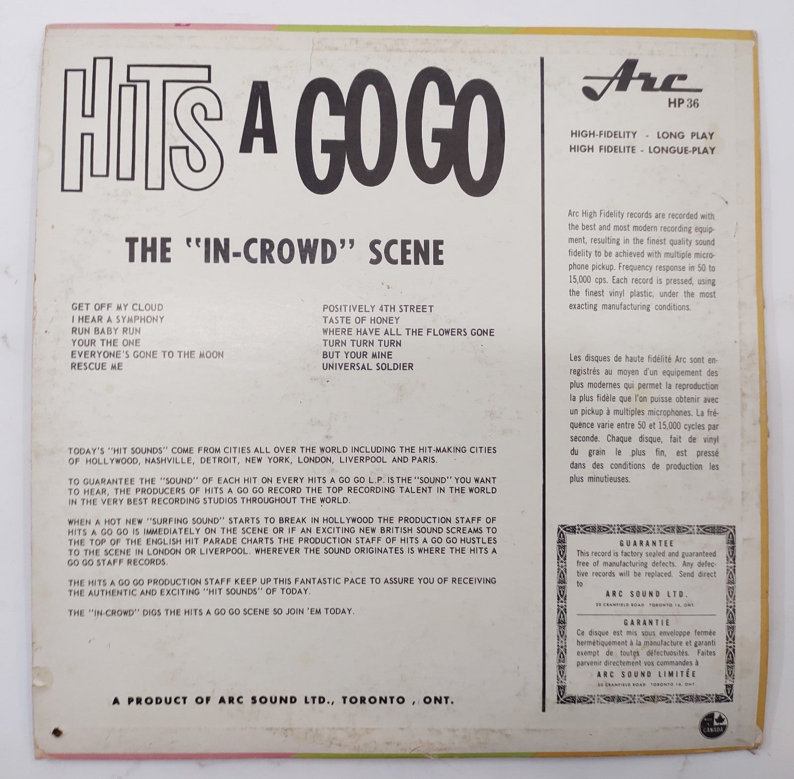 Hits A Go Go (1966) Arc Records Vinyl LP – Pop Rock Cover Songs Canada