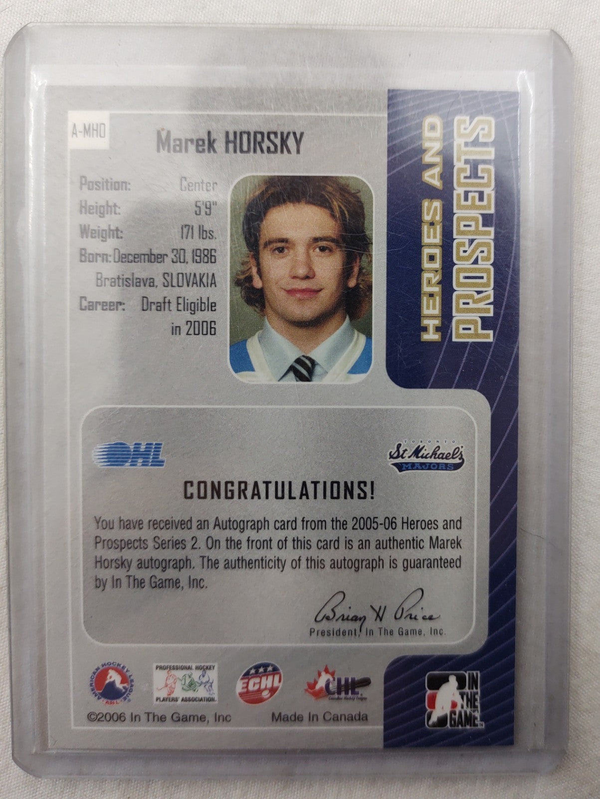 Marek Horsky Autograph ITG Heroes & Prospects A-MHO Signed Hockey