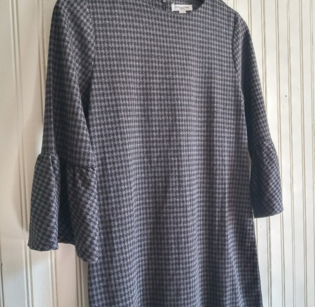 Beach Lunch Lounge Grey Plaid Sheath Dress with Bell Sleeve – Women's Dress