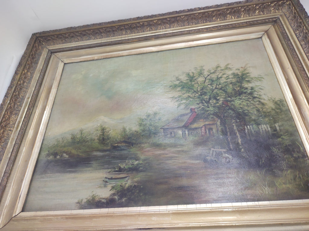 Antique A.S. Austen Original Oil Painting Cottage Lake Landscape Framed