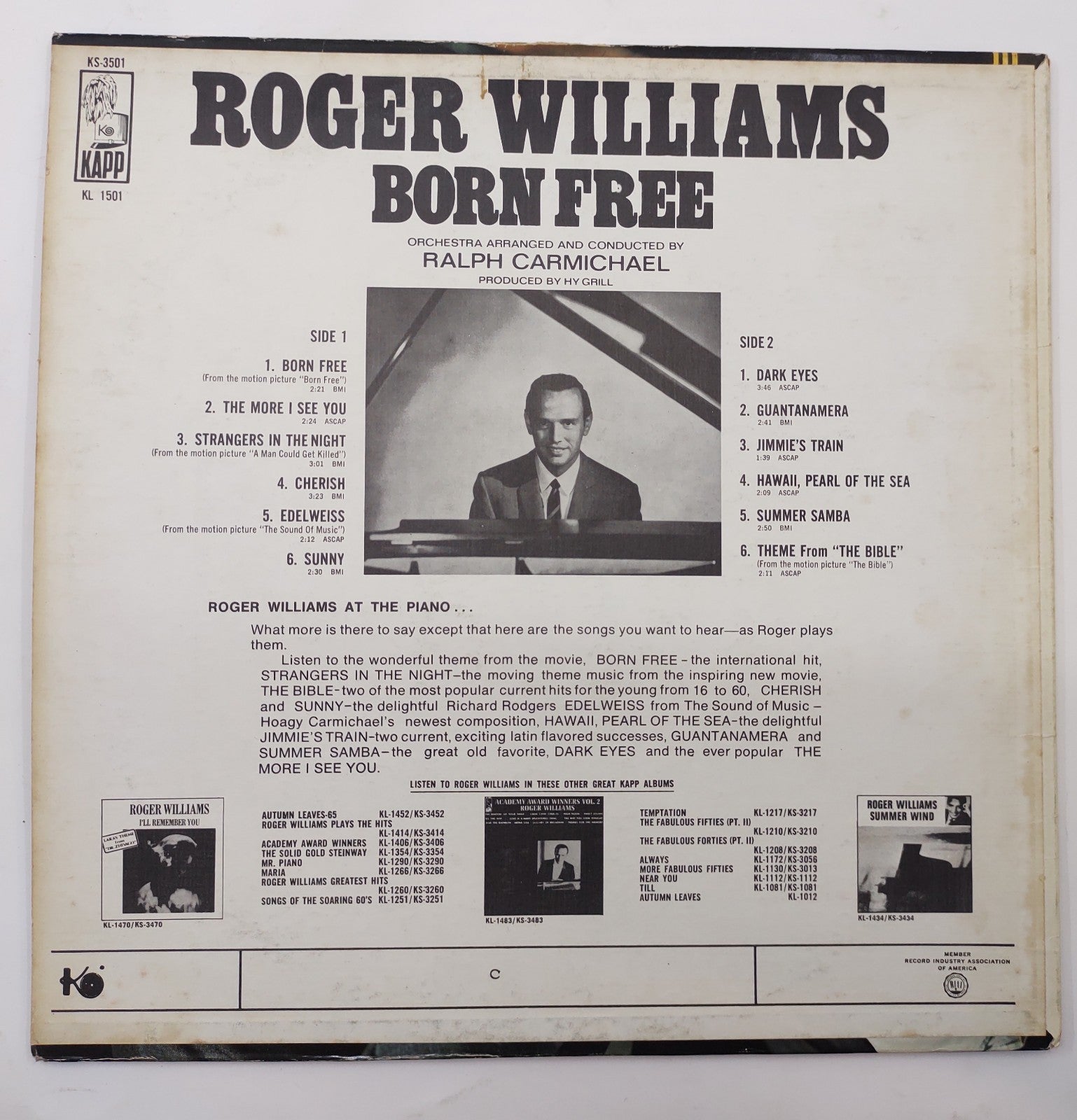 Roger Williams – Born Free LP 1966 Stereo Kapp Records Vintage Vinyl