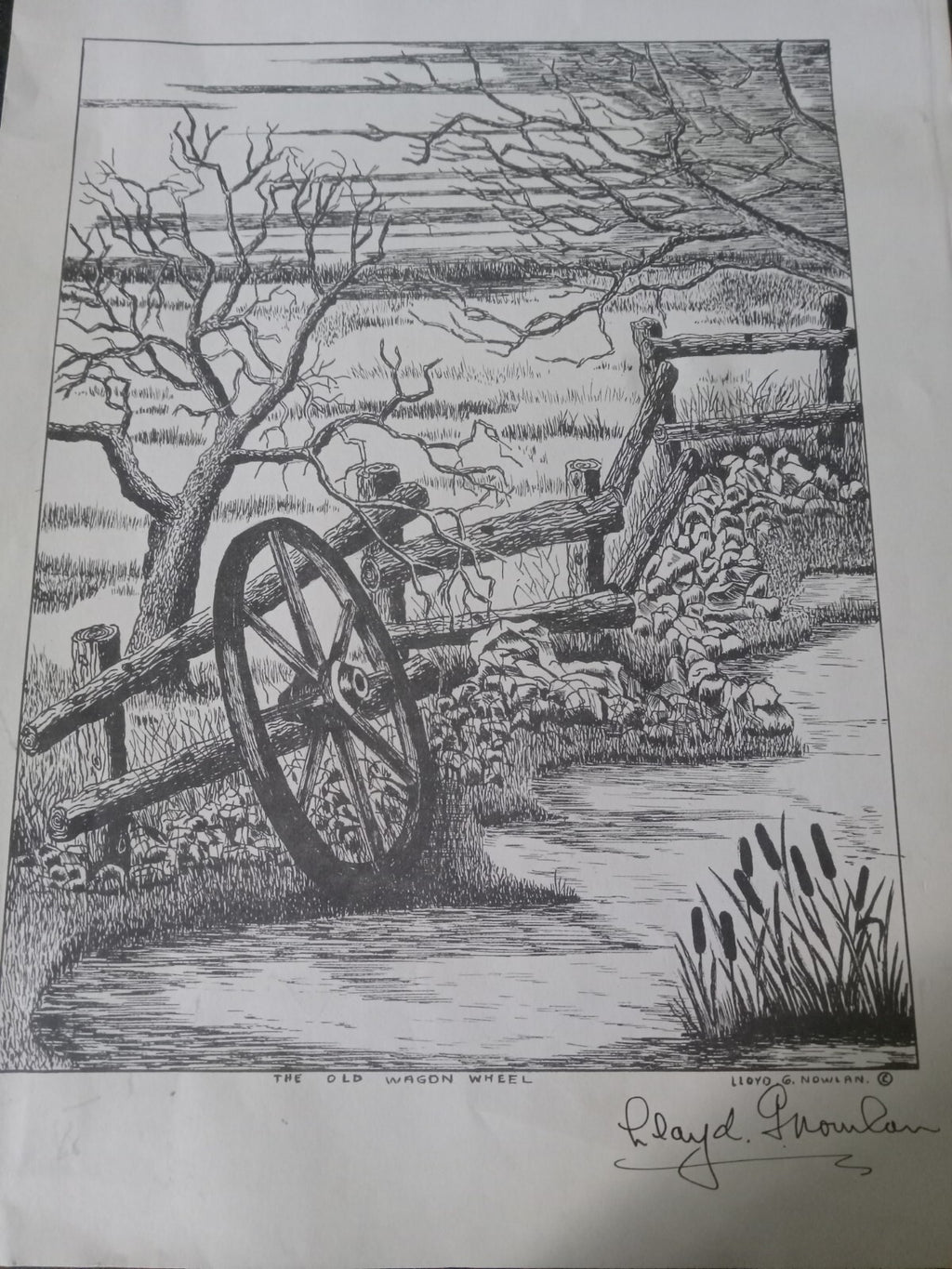 Lloyd G. Nowlan Unframed Print – Western Wagon Wheel Hand-Drawn Black and White