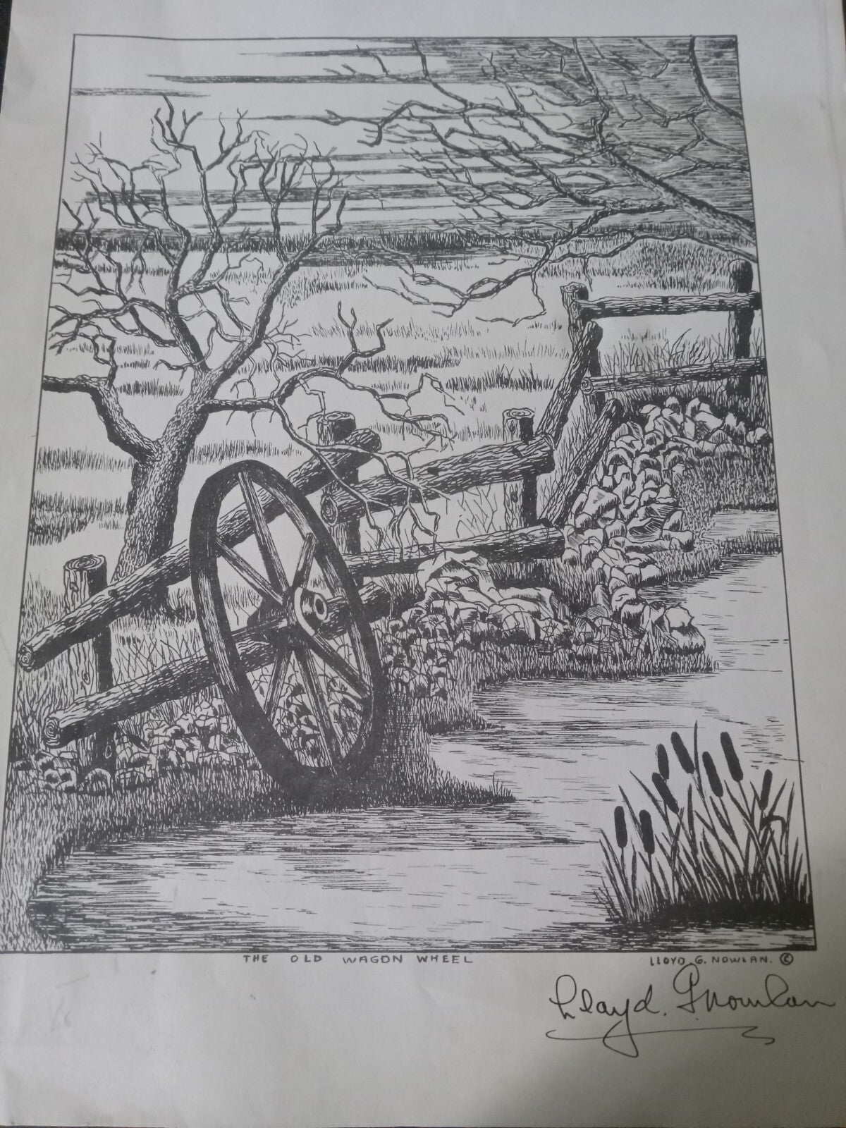 Lloyd G. Nowlan Unframed Print – Western Wagon Wheel Hand-Drawn Black and White