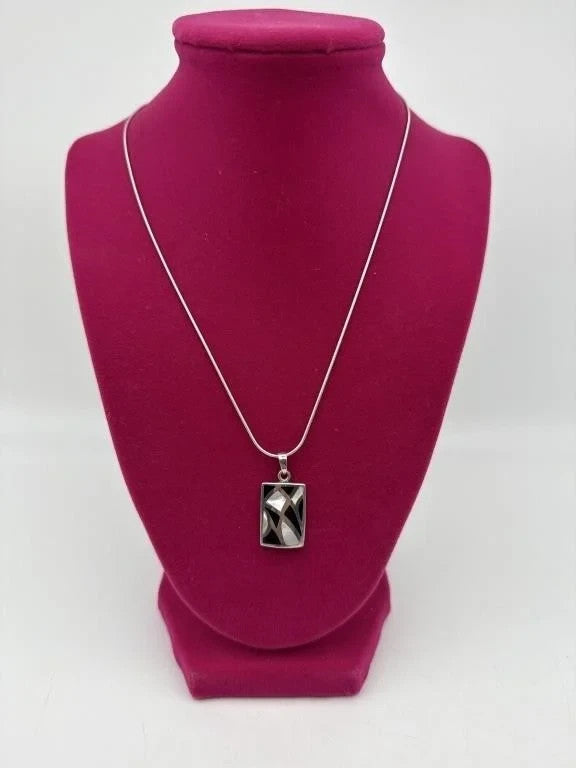 Sterling Silver Necklace w/ Mother of Pearl & Onyx Pendant – 18" Chain