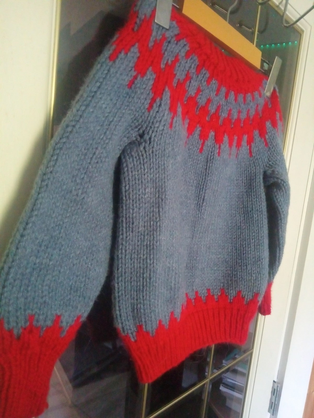 Vintage Hand-Knit Fair Isle Sweater Red Blue Kids Wool Long Sleeve Cozy