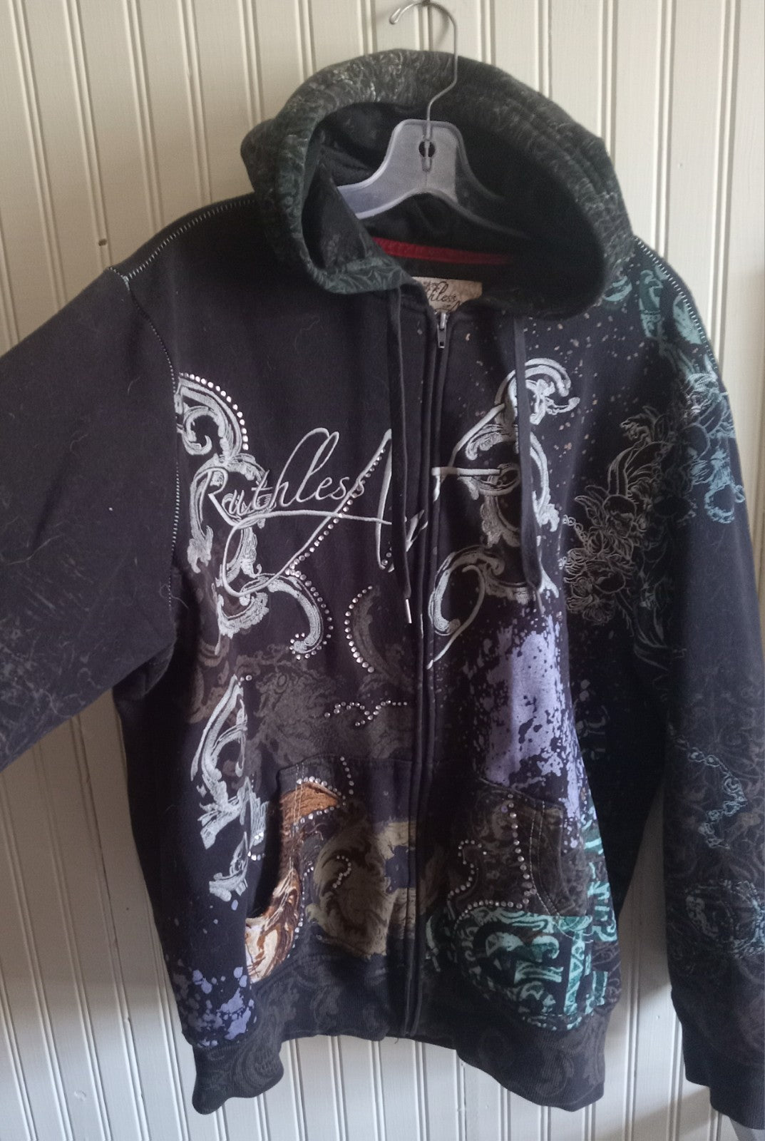 Rawblue Astral Rhinestone Zip Hoodie Black Streetwear Urban Sweater Size XL