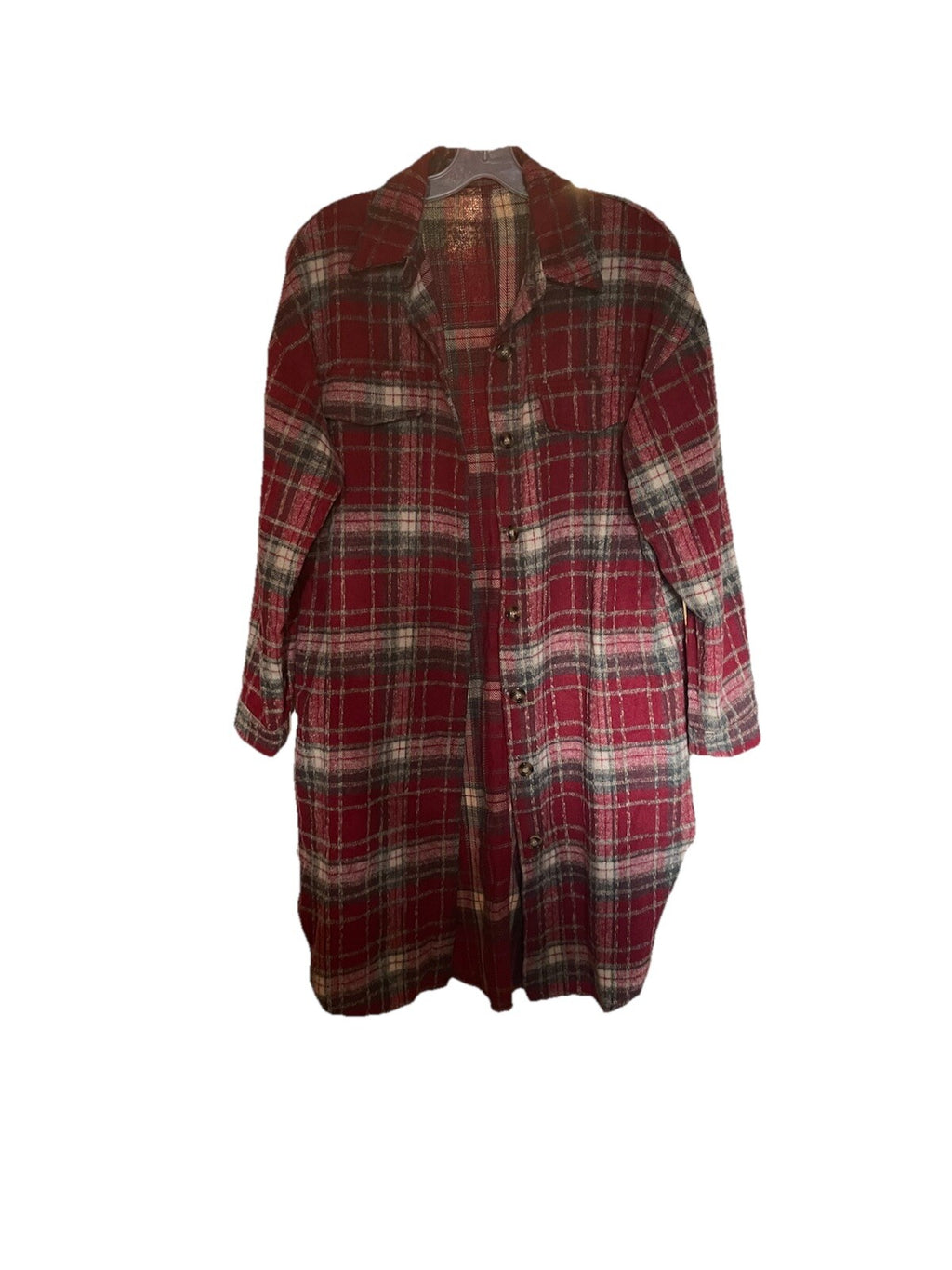 Plaid Shacket Women's Long Red Fleece Button-Up Size Small Fall Jacket
