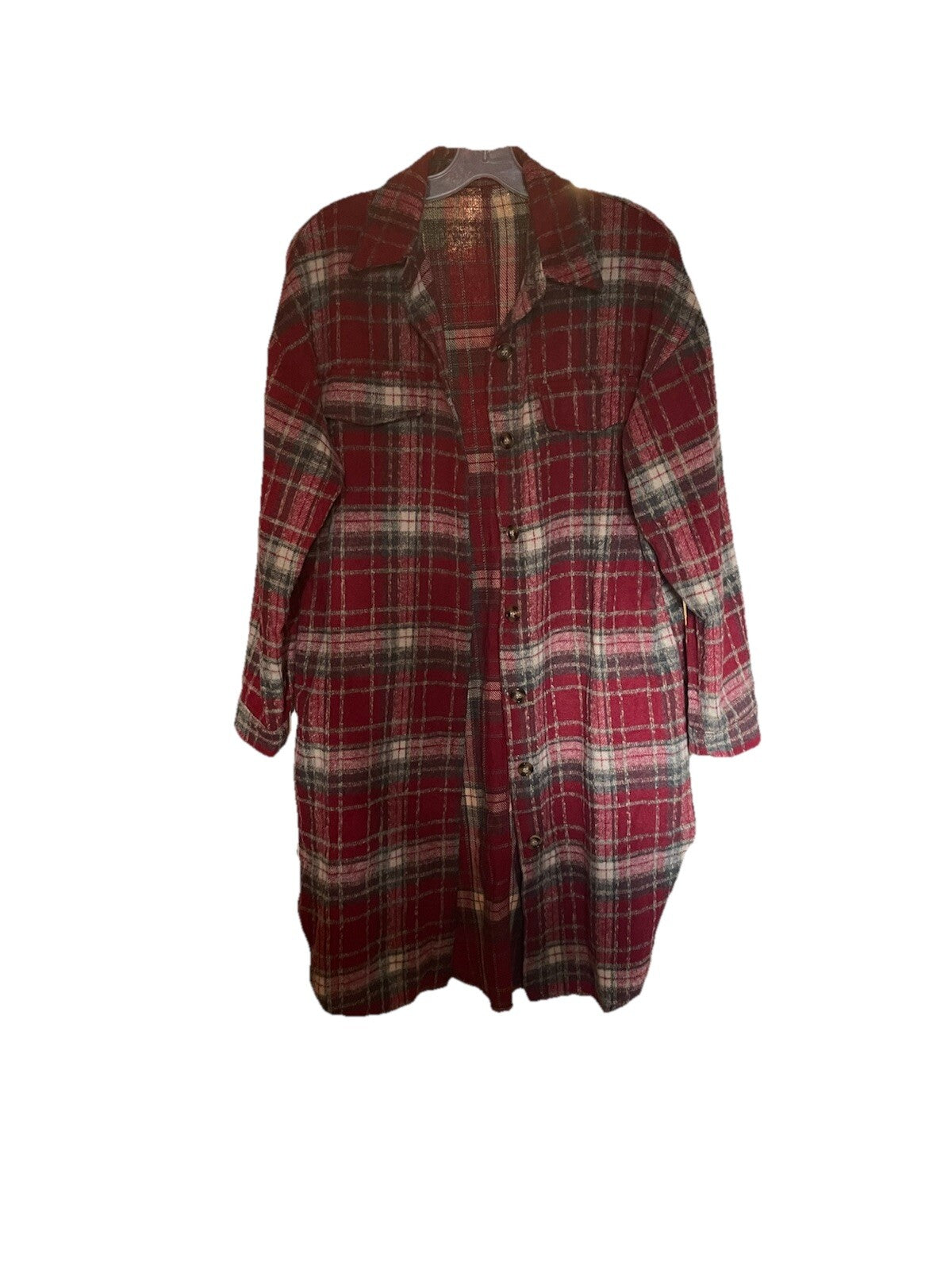 Plaid Shacket Women's Long Red Fleece Button-Up Size Small Fall Jacket