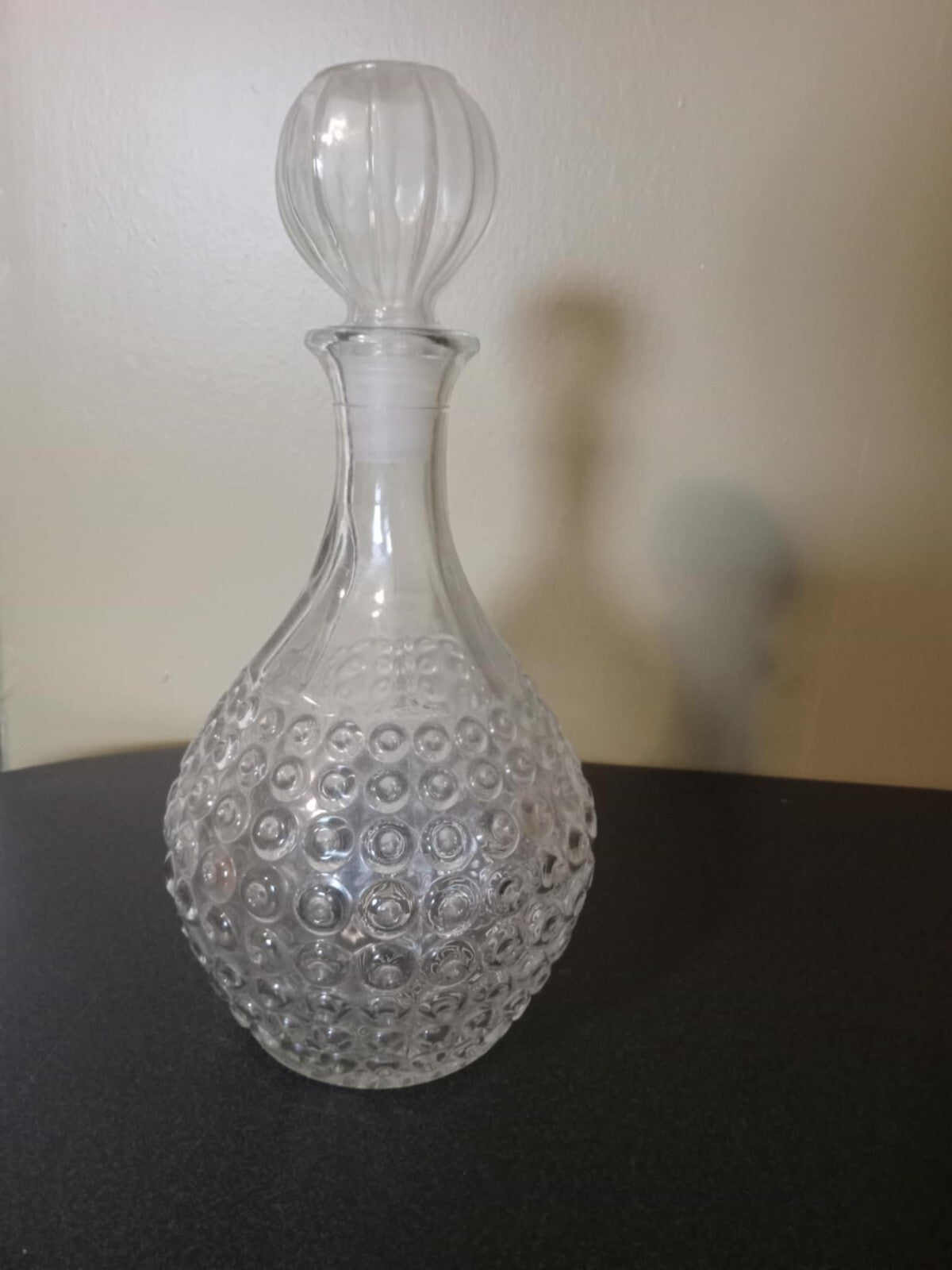 Round Decorative Pressed Glass Liquor Decanter – Heavy Vintage Bottle