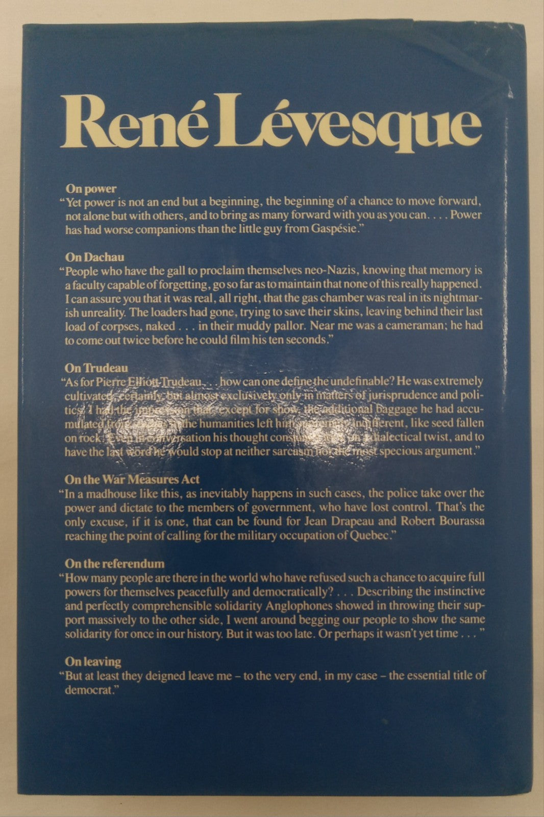 Memoirs of René Lévesque – VG+ Quebec Political Memoir Hardcover Book