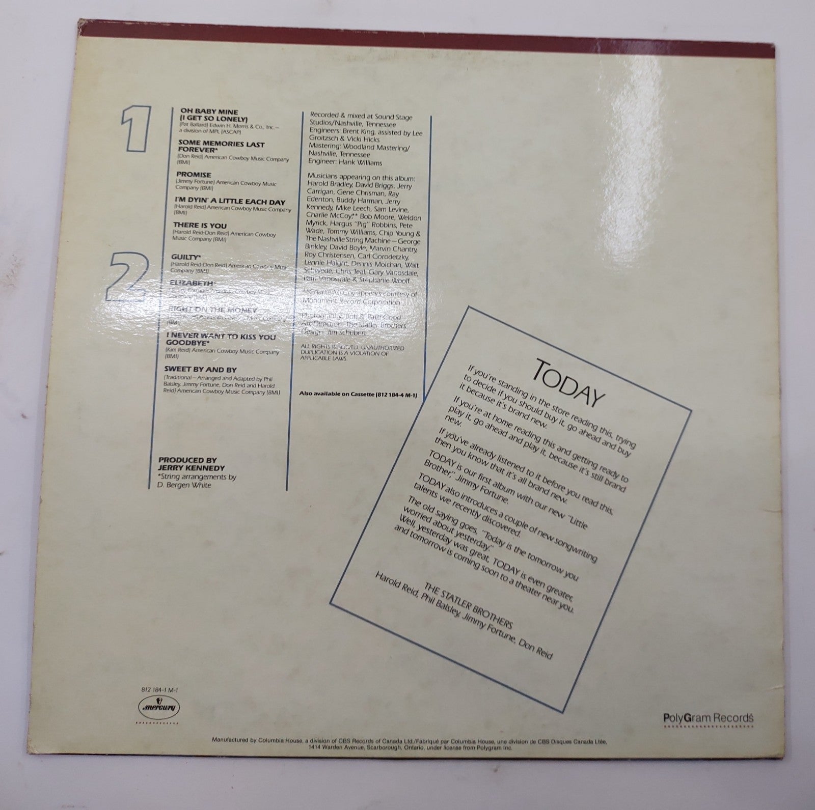 The Statler Brothers Today (1983) Vinyl LP Country Gospel Record