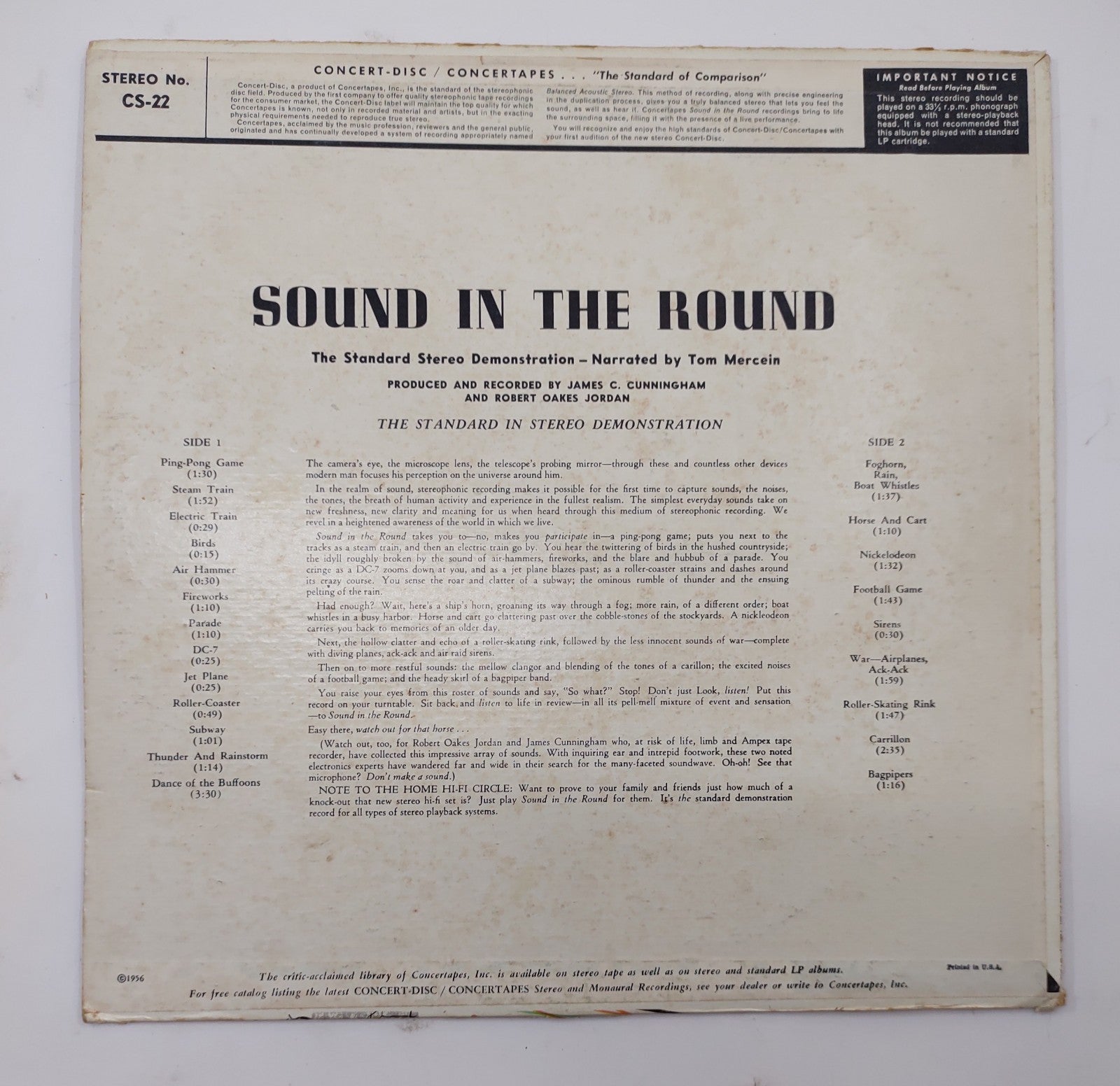 Sound in the Round Stereo Demonstration LP - 1956 Concert-Disc CS-22