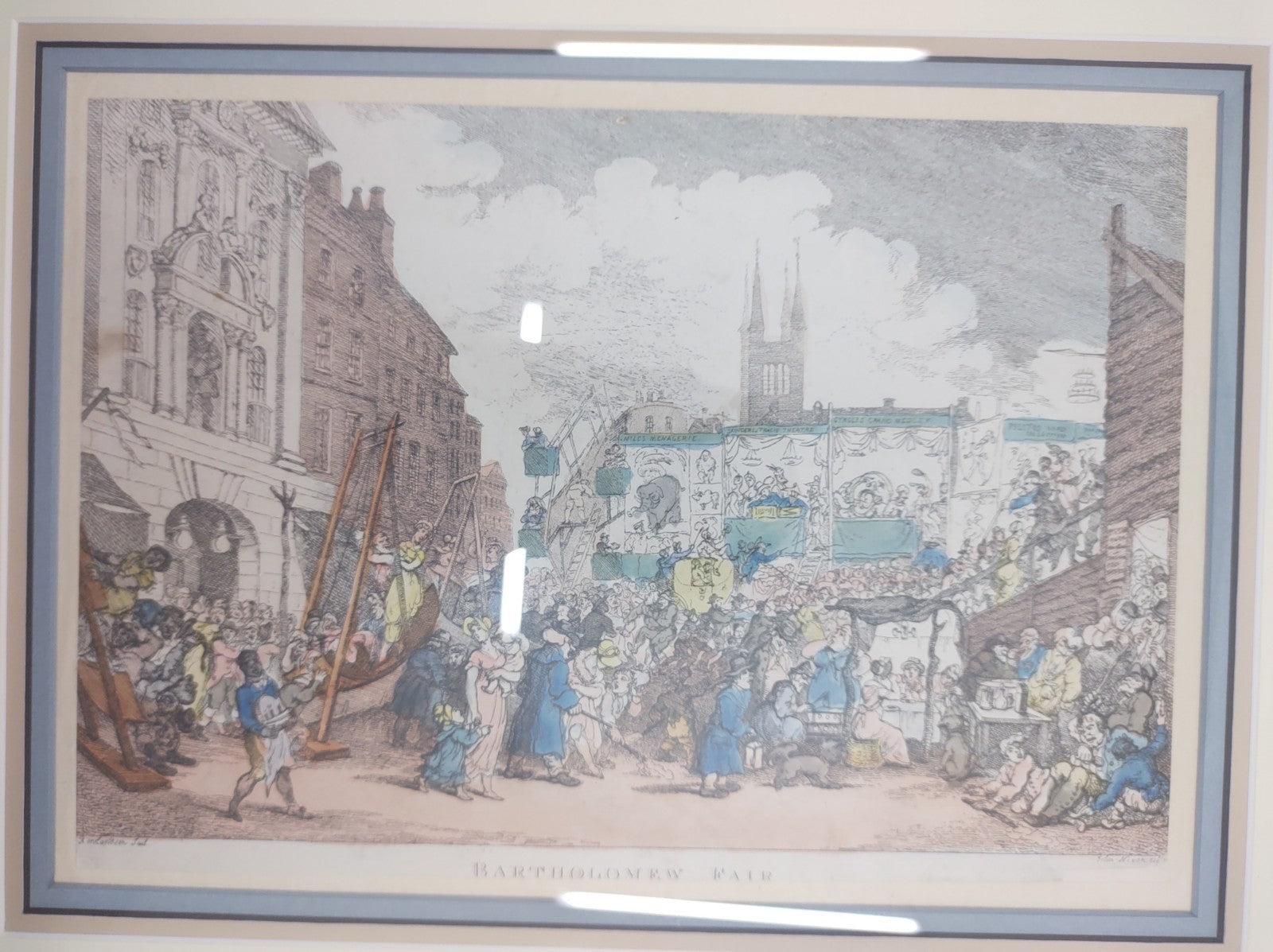 Rowlandson “Bartholomew Fair” Vintage Hand-Coloured Etching Print, Framed