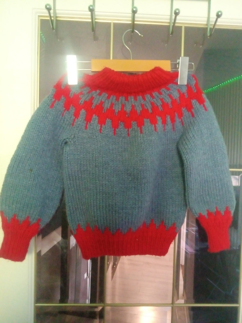Vintage Hand-Knit Fair Isle Sweater Red Blue Kids Wool Long Sleeve Cozy