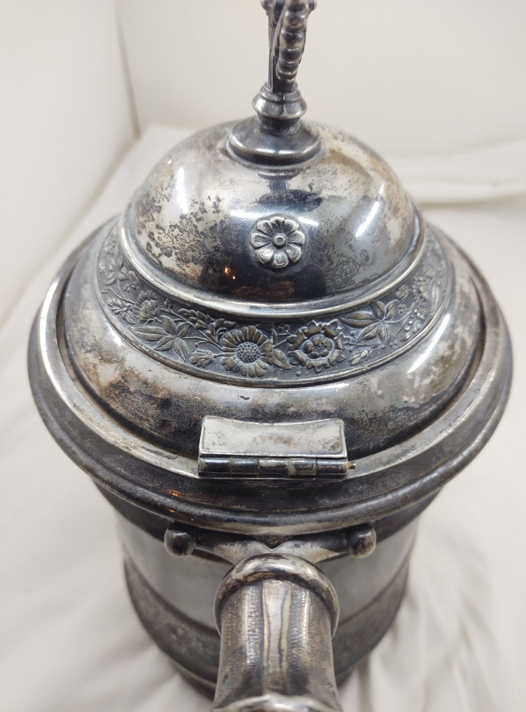 Victorian Repoussé Silverplate Ice Water Pitcher Hinged Lid Ornate Heavy