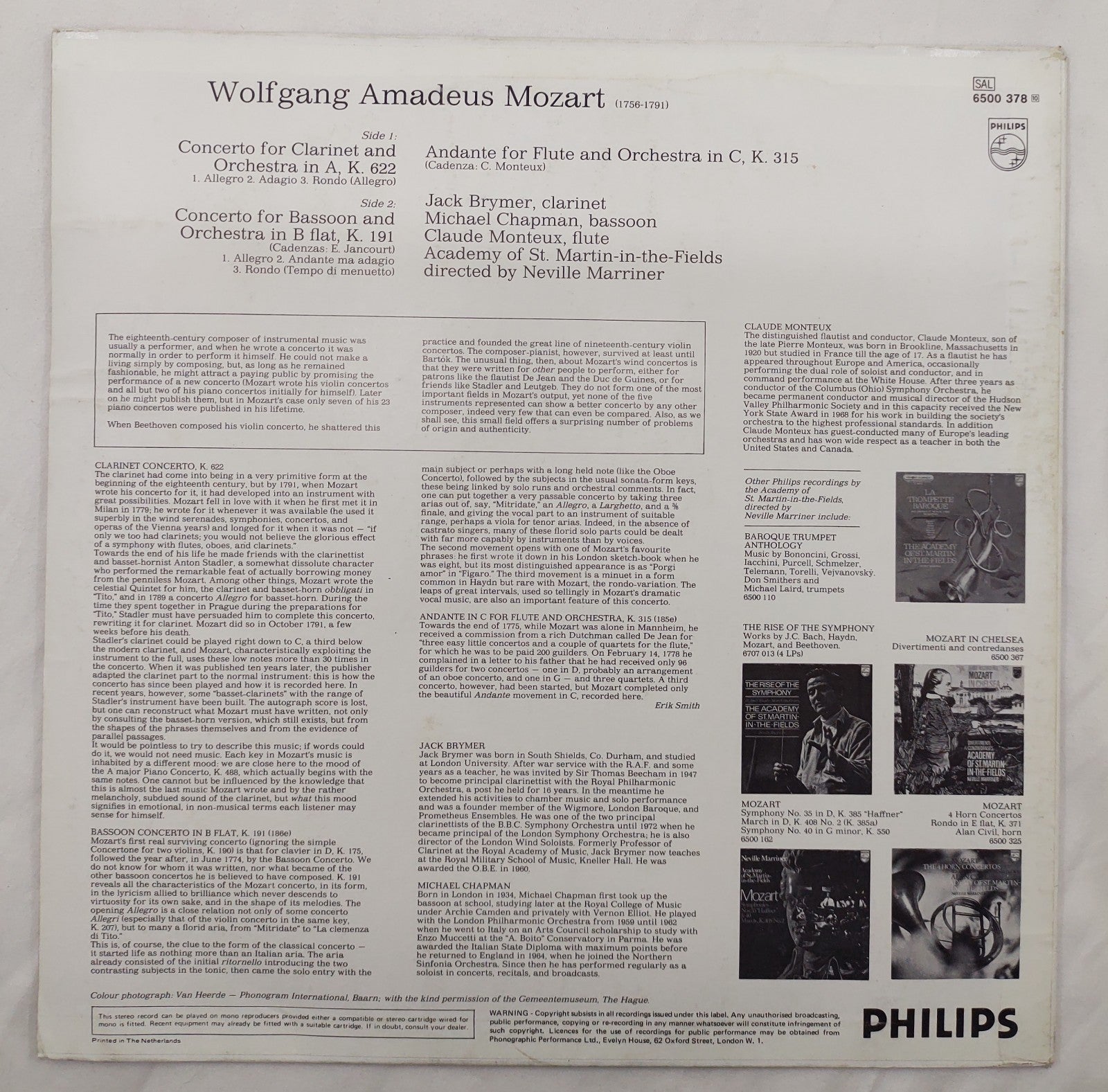 Mozart – Clarinet Concerto K.622 Brymer Marriner Philips 6500 378 LP