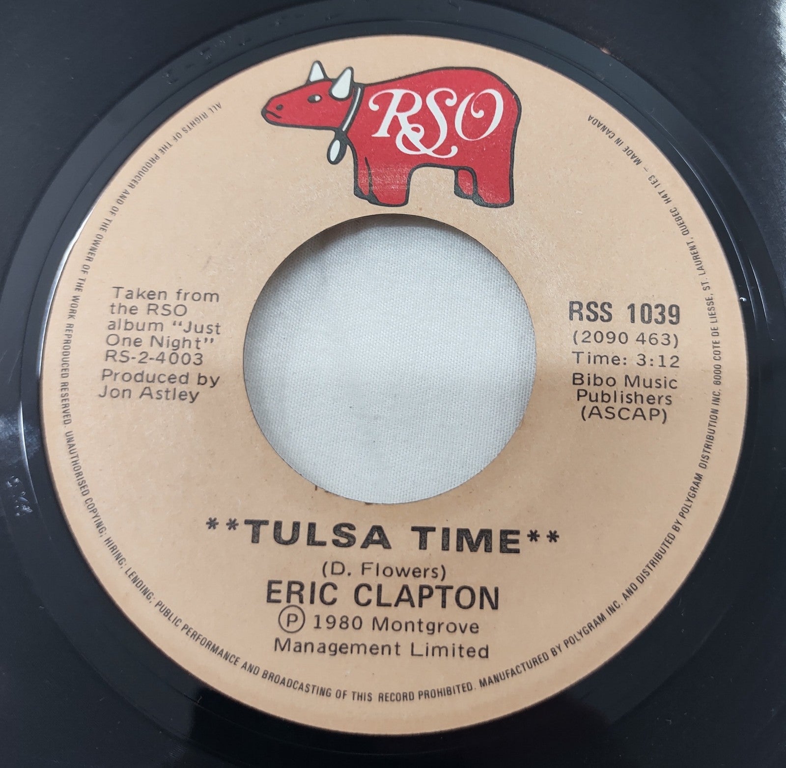 Eric Clapton - Tulsa Time (Live) RSO Records 7" 45 RPM RSS 1039 1980