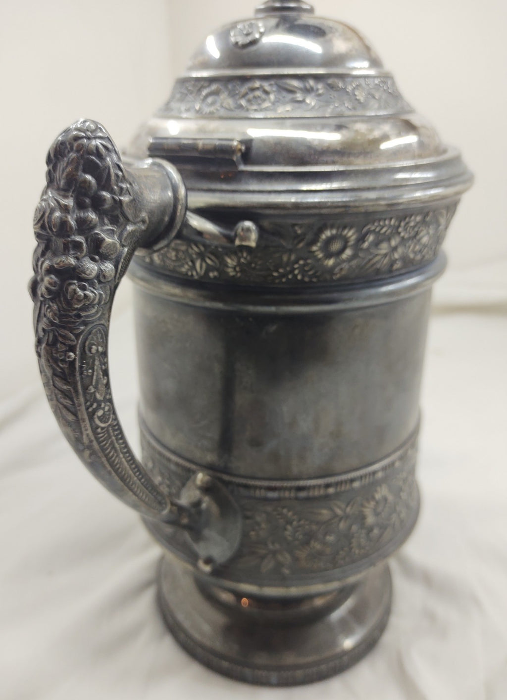 Victorian Repoussé Silverplate Ice Water Pitcher Hinged Lid Ornate Heavy