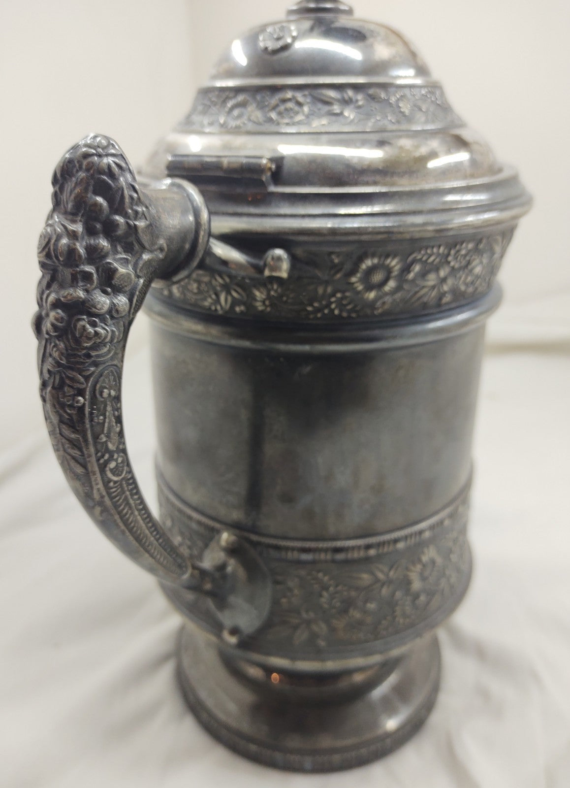 Victorian Repoussé Silverplate Ice Water Pitcher Hinged Lid Ornate Heavy