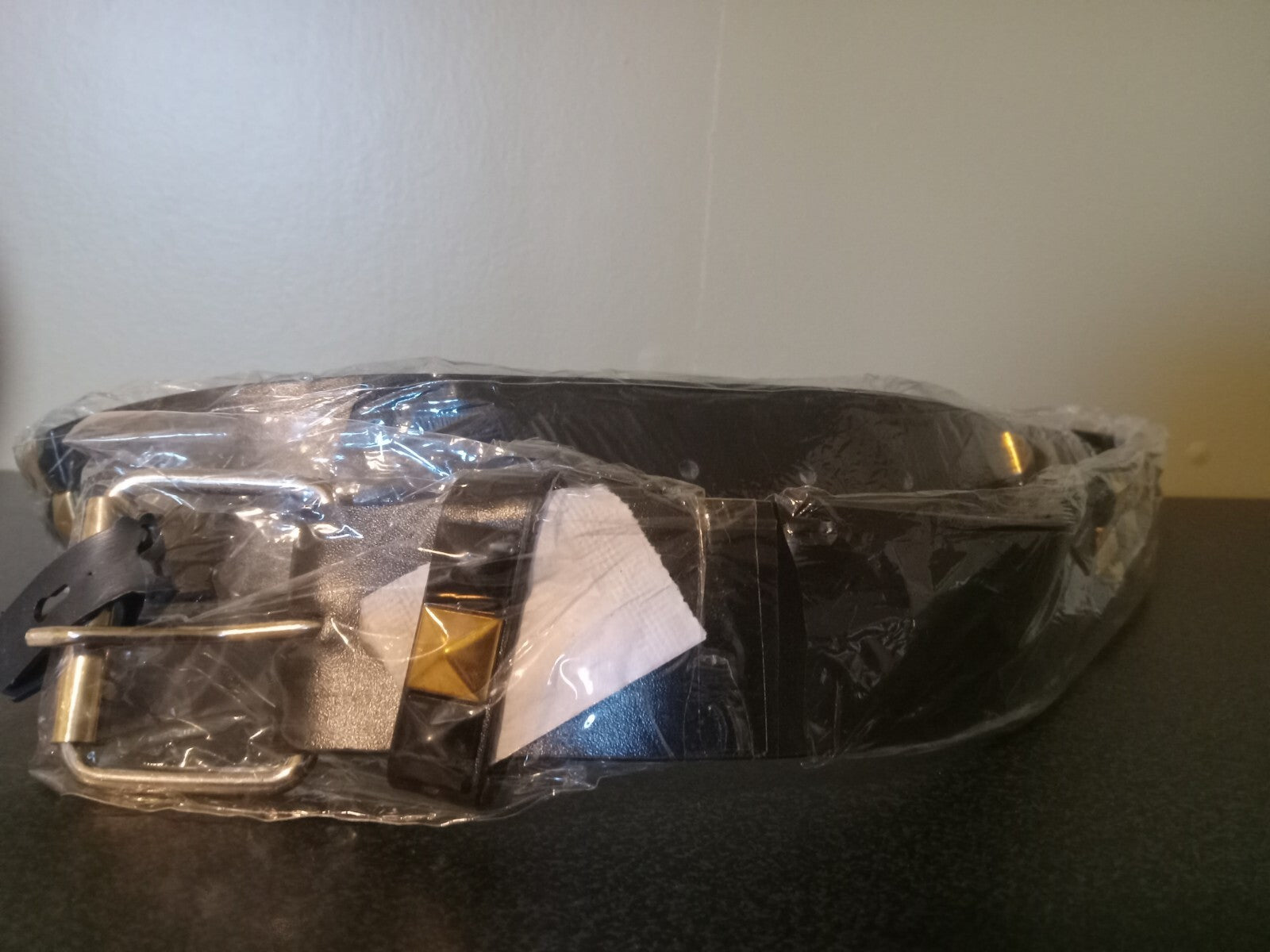 Black Faux Leather Studded Belt Gold Accents Adjustable Buckle Rock Fashion