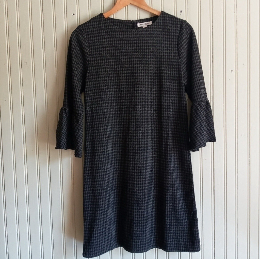 Beach Lunch Lounge Grey Plaid Sheath Dress with Bell Sleeve – Women's Dress