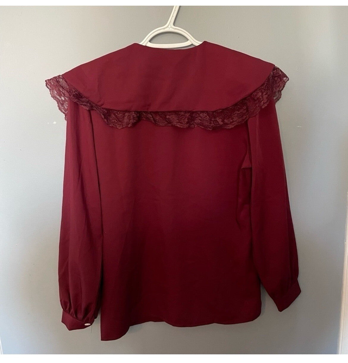 Vintage Burgundy Lace Draped Neckline Button-Up Blouse Size Large – VG