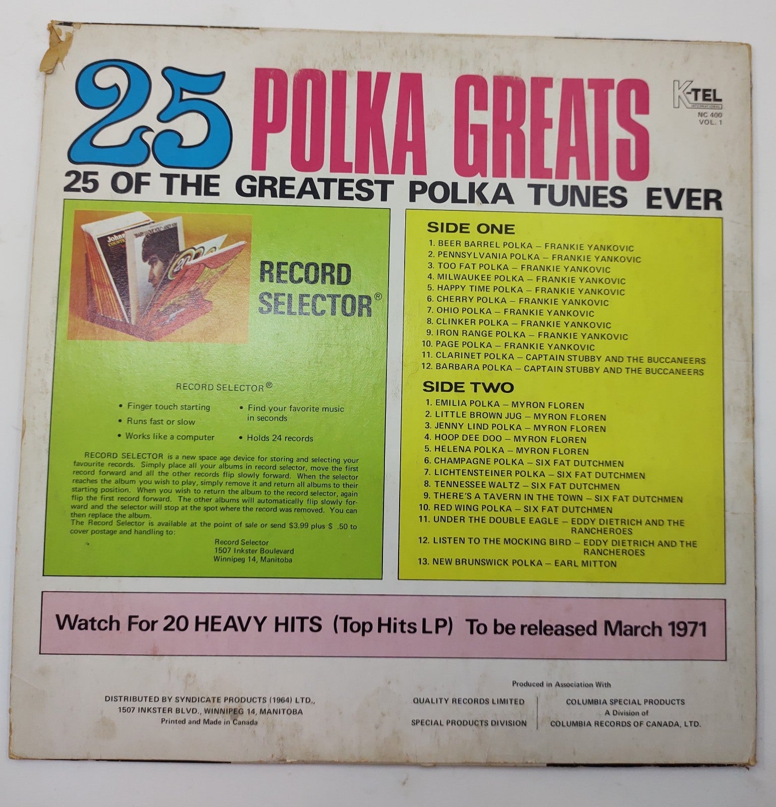 25 Polka Greats Vol.1 Vinyl LP (1971) K-Tel – Vintage Polka Collection