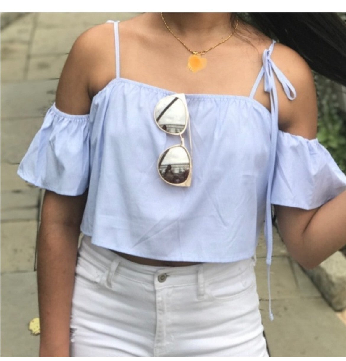 Forever 21 Blue Crop Blouse – Trendy Short Sleeve Top VG