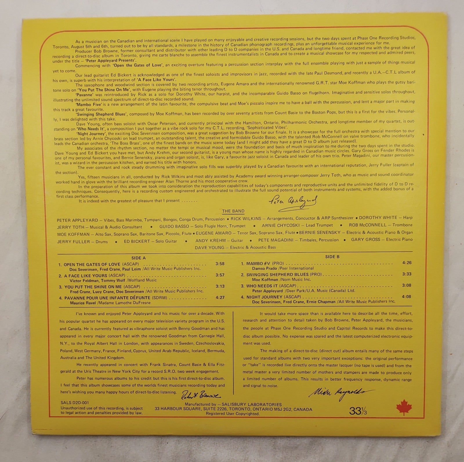 Peter Appleyard – Presents LP Direct-to-Disc SALS-001 Audiophile